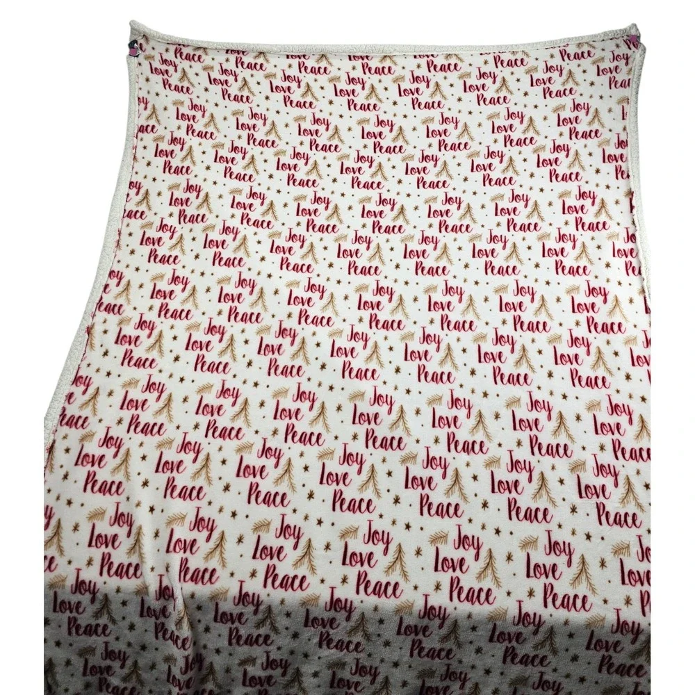 Christmas Holiday Joy‎ Peace Love Throw Blanket Ivory Red Gold Decor